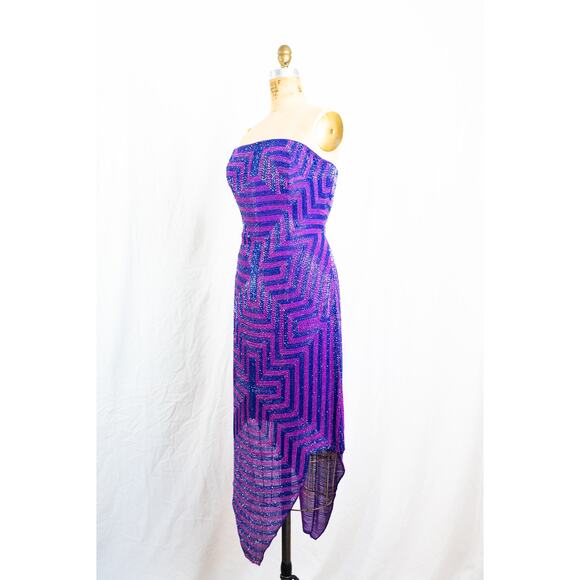Vintage 90s Purple Pink Beaded Silk Strapless Dress Handkerchief Hem Sz 12 L - Picture 1 of 16